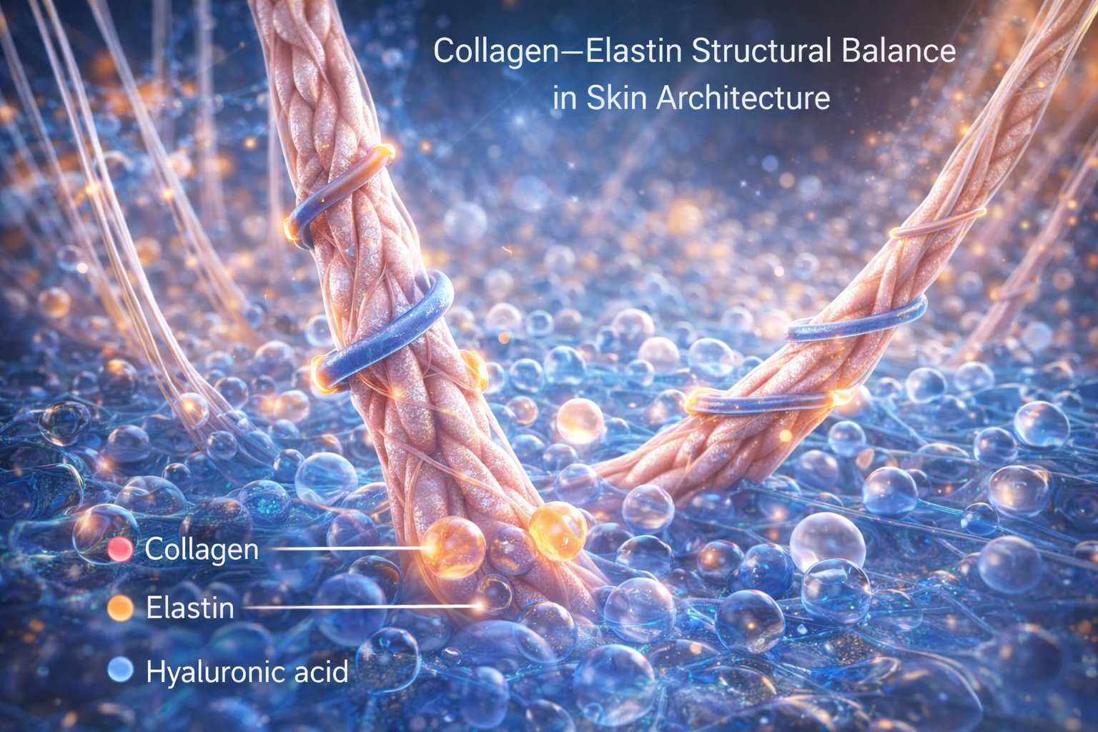 3D visualization of collagen fibers stabilized by elastin and supported by hyaluronic acid